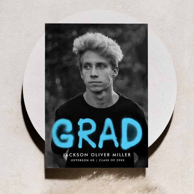 Sky Blue Spray Paint Typography Photo Graduation Announcement (Creator Uploaded)