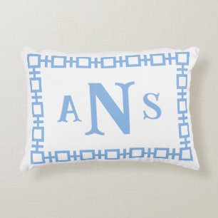 Sky Blue Square Greek Key Monogram Decorative Cushion