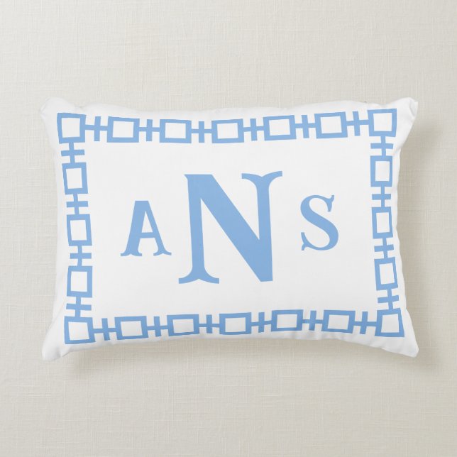Sky Blue Square Greek Key Monogram Decorative Cushion (Front)