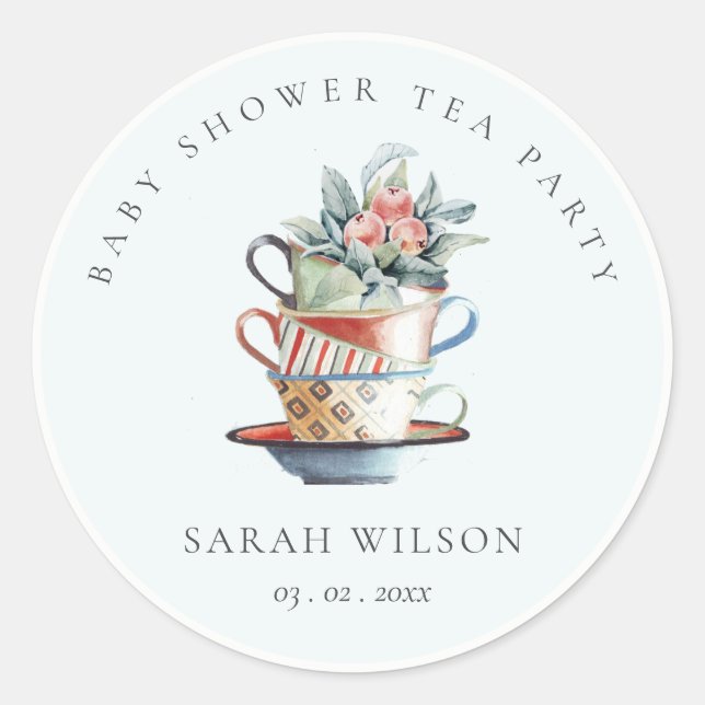 Sky Blue Stacked Cups Floral Baby Shower Tea Party Classic Round Sticker (Front)