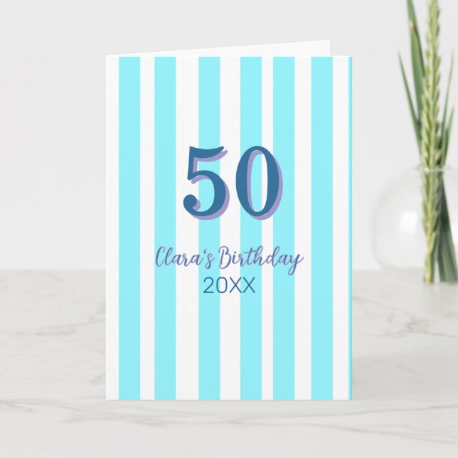 sky blue stripes 50th birthday name date simple card (Front)