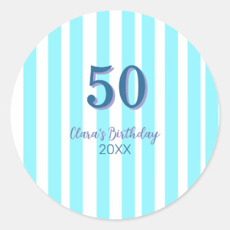 sky blue stripes 50th birthday name date simple classic round sticker