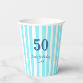 sky blue stripes 50th birthday name date simple paper cups