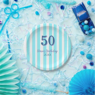 sky blue stripes 50th birthday name date simple paper plate
