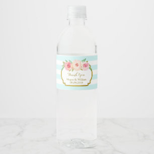 Sky Blue Stripes Floral Gold Water Bottle Label