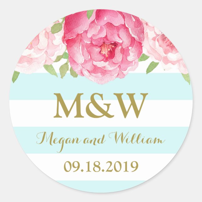 Sky Blue Stripes Floral Monogram Wedding Favour Ta Classic Round Sticker (Front)