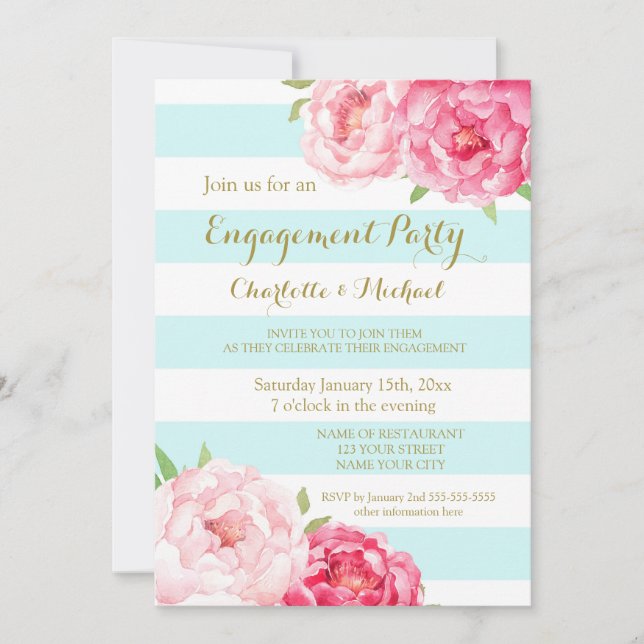 Sky Blue Stripes Pink Engagement Party Invitation (Front)