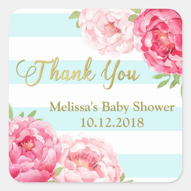 Sky Blue Stripes Pink Floral Baby Shower Thank You Square Sticker (Front)