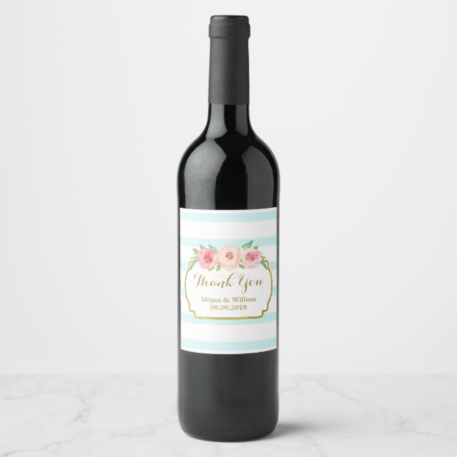 Sky Blue Stripes Pink Floral Gold Wine Label (Front)