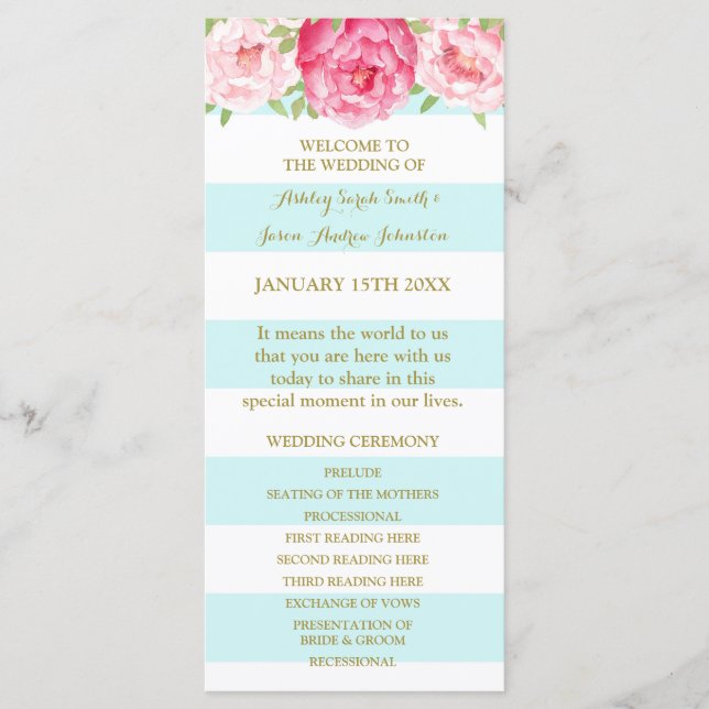 Sky Blue Stripes Pink Watercolor Wedding Program Programme (Front)