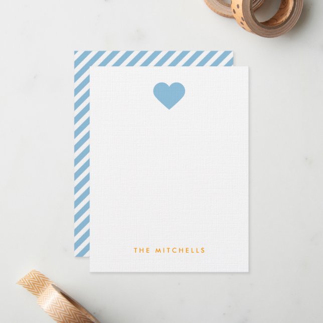Sky Blue Sweet Heart Monogram Stationery Card (Front/Back In Situ)