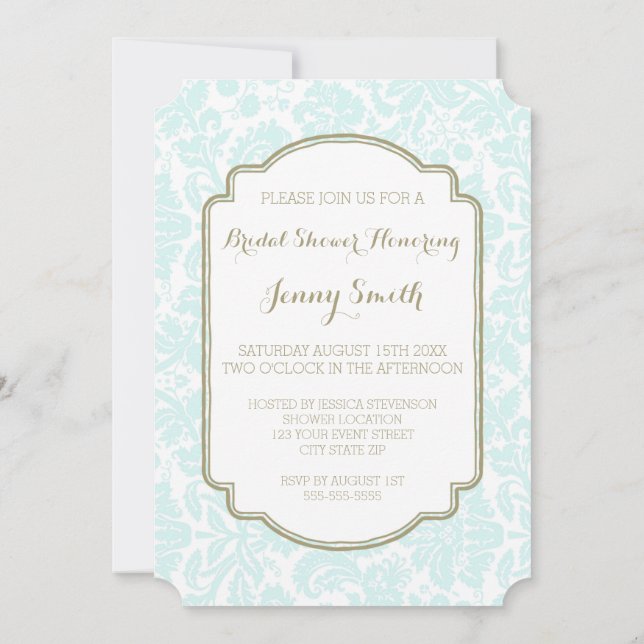 Sky Blue Tan Damask Bridal Shower Invitation Cards (Back)