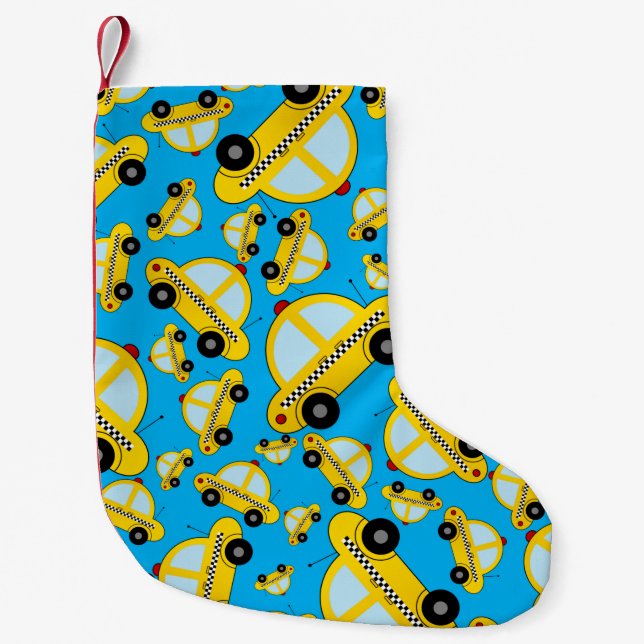Sky blue taxi pattern small christmas stocking (Front)