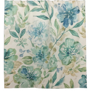 Sky Blue Teal Green Beige Cream Abstract Floral Shower Curtain