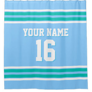 Sky Blue Teal White Stripes Sports Jersey Shower Curtain