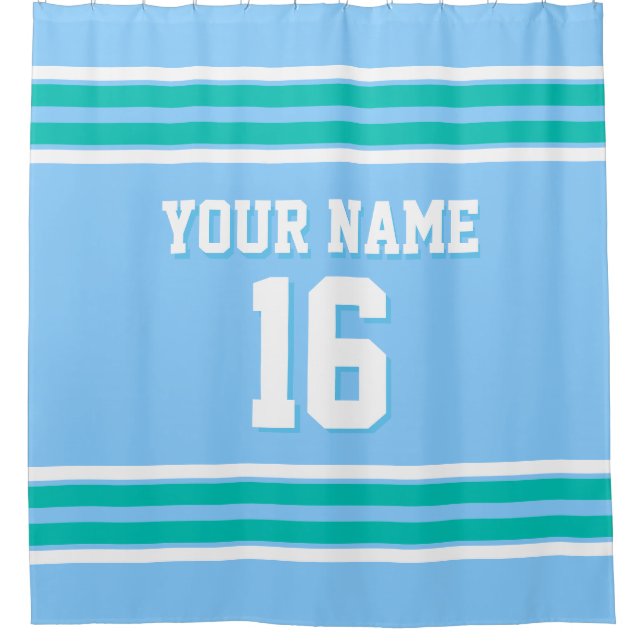 Sky Blue Teal White Stripes Sports Jersey Shower Curtain (Front)