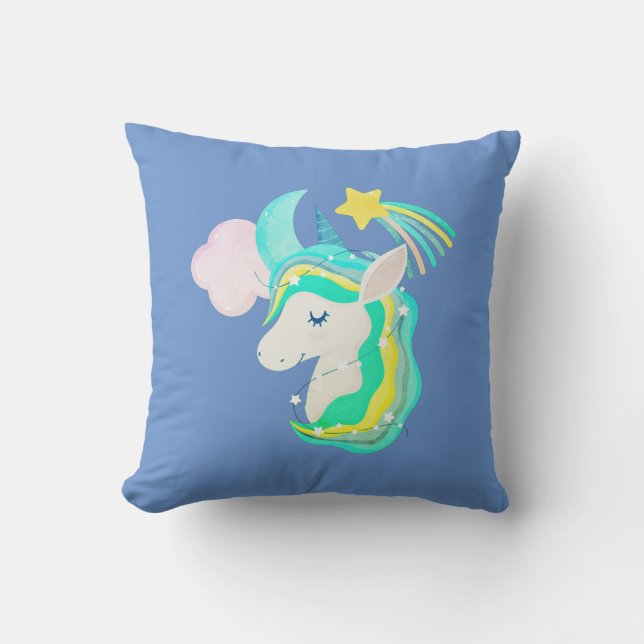 Sky Blue Unicorn Rainbow Throw Pillow (Front)