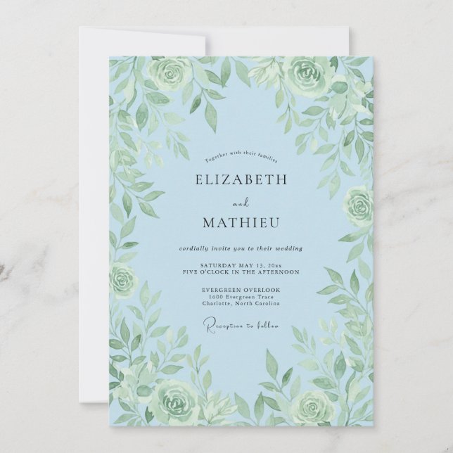 Sky Blue Verdant Flourish Wedding Invitation (Front)