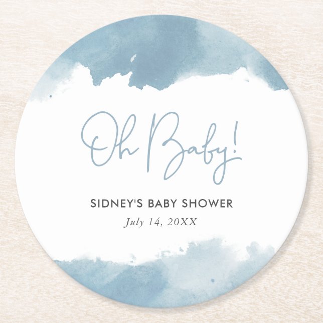 Sky Blue Watercolor Baby Shower Round Paper Coaster (Front)