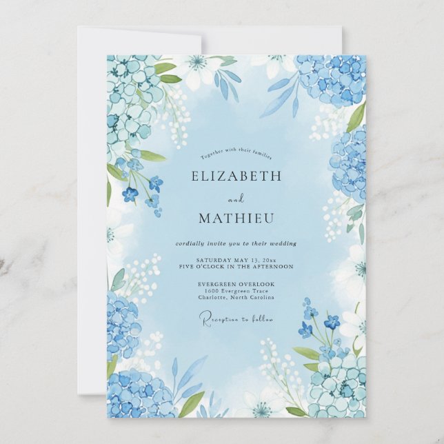 Sky Blue Watercolor Bloom Wedding Invitation (Front)