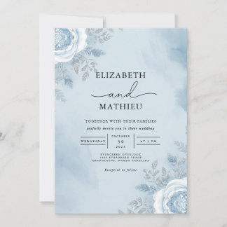 Sky Blue Watercolor Floral Wedding Invitation
