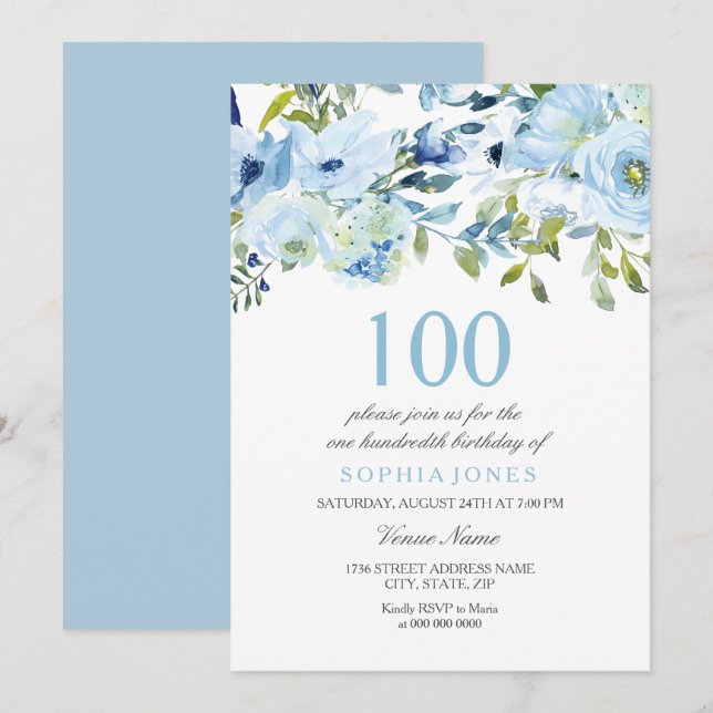 Sky Blue Watercolor Flowers 100th Birthday Party Invitation (Front/Back)