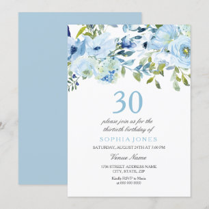 Sky Blue Watercolor Flowers 30th Birthday Party Invitation
