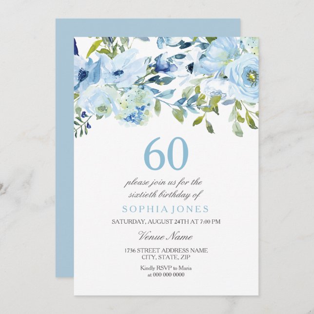 Sky Blue Watercolor Flowers 60th Birthday Party Invitation (Front/Back)