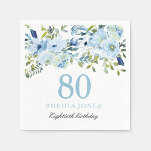 Sky Blue Watercolor Flowers 80th Birthday Party Napkin