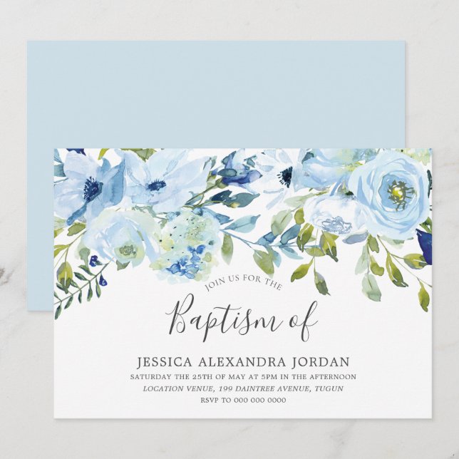Sky Blue Watercolor Flowers Baptism Christening Invitation (Front/Back)