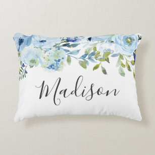 Sky Blue Watercolor Flowers Girls Name Gift Decorative Cushion
