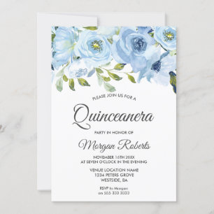 Sky Blue Watercolor Flowers Modern Quinceanera Invitation