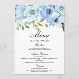 Sky Blue Watercolor Flowers Modern Wedding Menu