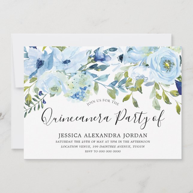 Sky Blue Watercolor Flowers Quinceanera Party Invitation (Front)