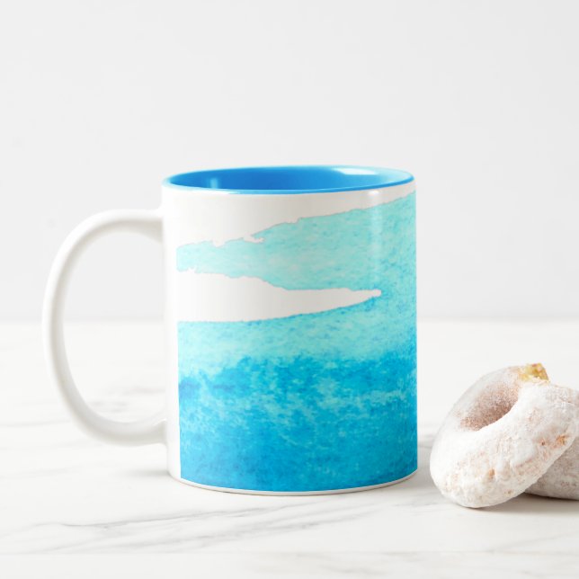 Sky blue watercolor swish Two-Tone coffee mug (With Donut)