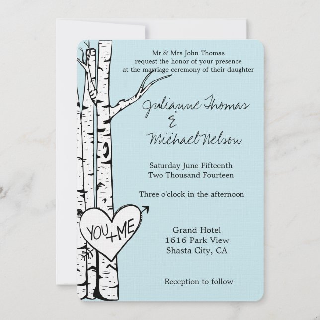 Sky Blue White Birch Trees Wedding Invitation (Back)