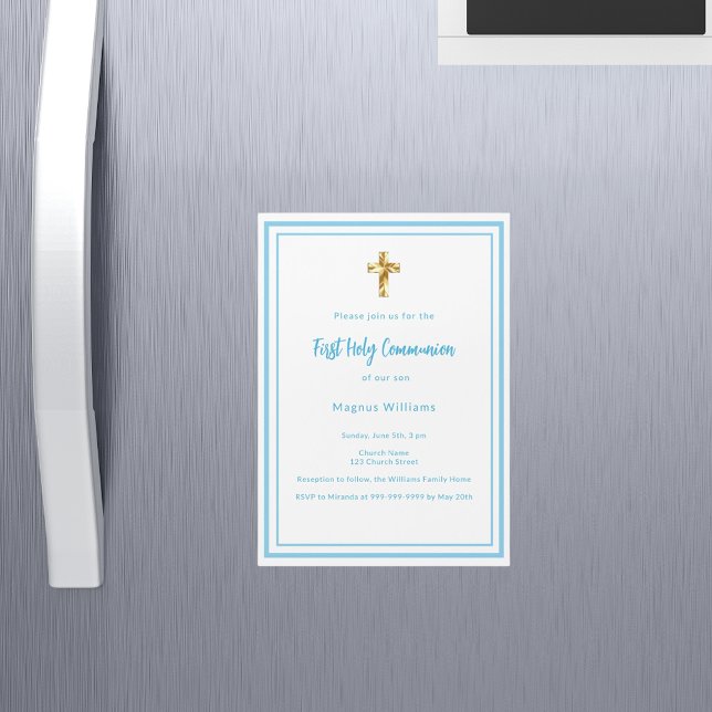 Sky blue white boy First Holy Communion Magnetic Invitation (Creator Uploaded)