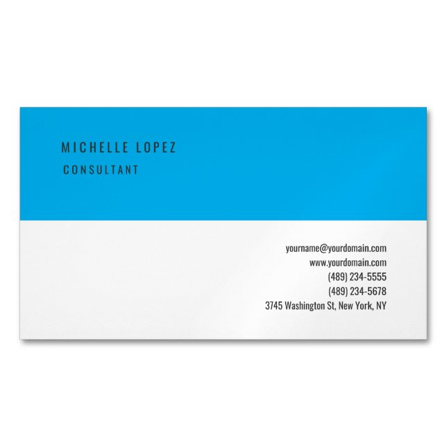 Sky Blue White Classical Elegant Plain Magnetic Business Card (Front)