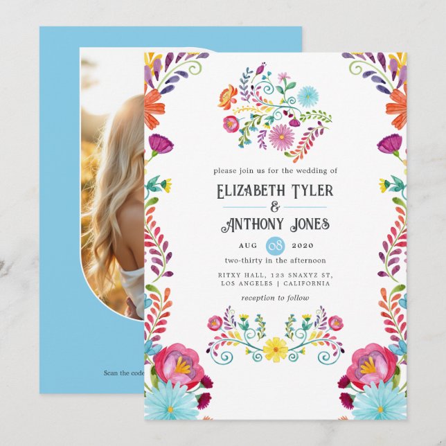 Sky Blue & White Floral Mexican Fiesta Wedding Invitation (Front/Back)