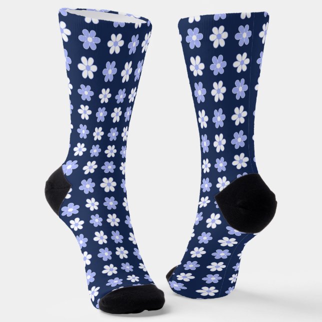 Sky Blue & White Flowers on Royal Blue Socks (Angled)