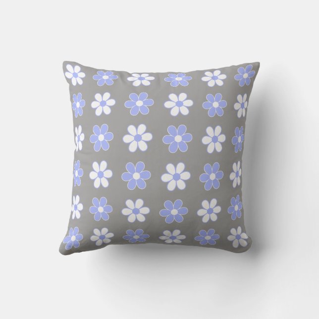 Sky Blue & White Flowers on Silver Grey Cushion (Back)