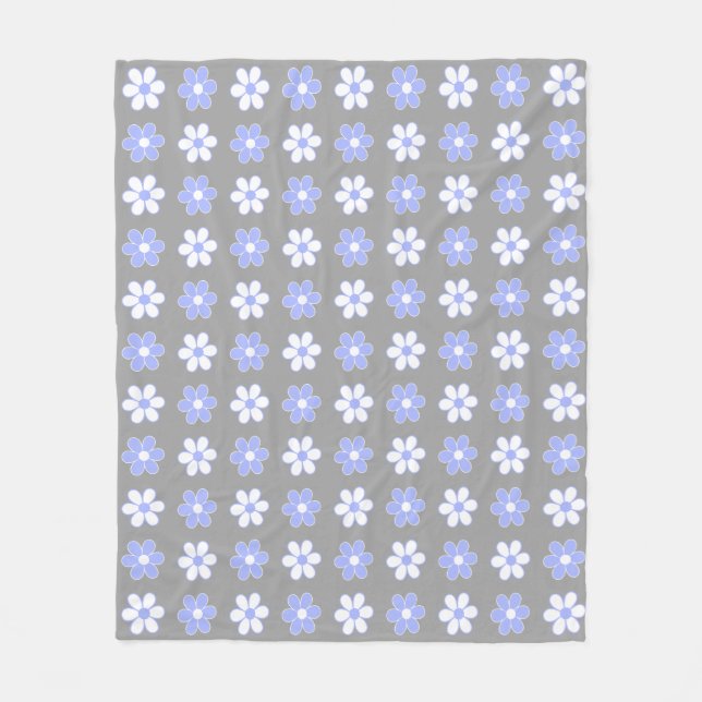 Sky Blue & White Flowers on Silver Grey Fleece Blanket (Front)