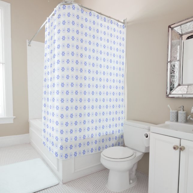 Sky Blue & White Flowers on White Shower Curtain (In Situ)