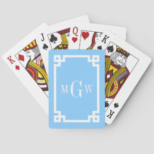 Sky Blue White Greek Key #2 Framed 3 Init Monogram Playing Cards