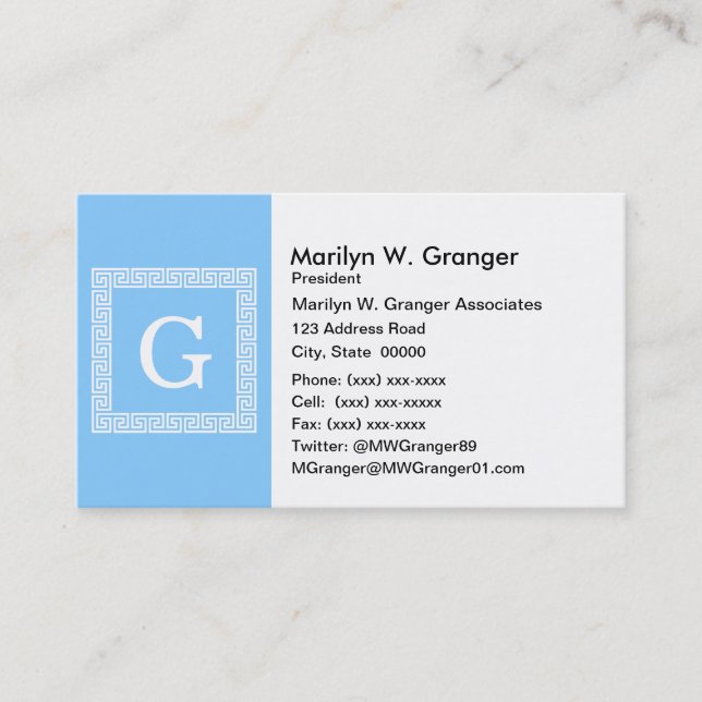 Sky Blue White Greek Key Frame #1 Initial Monogram Business Card (Front)