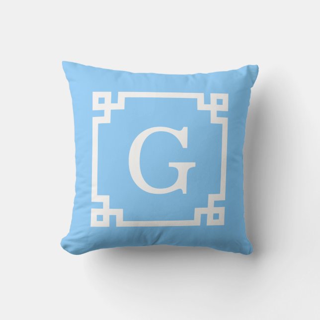 Sky Blue White Greek Key Frame #2 Initial Monogram Cushion (Front)
