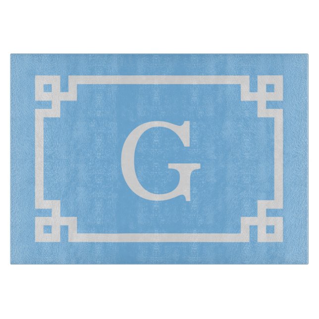 Sky Blue White Greek Key Frame #2 Initial Monogram Cutting Board (Front)