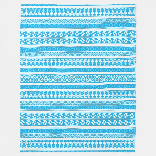 Sky blue & white minoan pattern fleece blanket (Front)