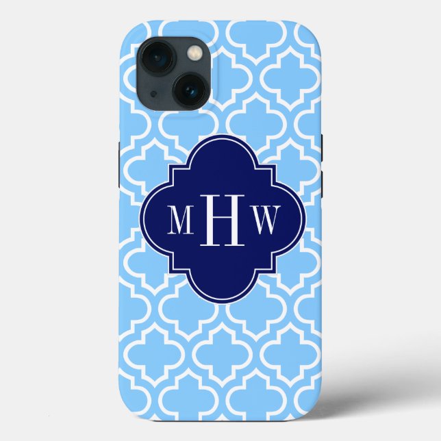 Sky Blue White Moroccan #6 Navy 3 Initial Monogram Case-Mate iPhone Case (Back)