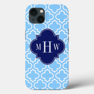 Sky Blue White Moroccan #6 Navy 3 Initial Monogram iPhone 13 Case